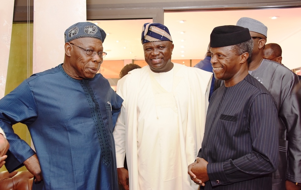 Acting President, Prof. Yemi Osinbajo (right); Lagos State Governor, Mr. Akinwunmi Ambode (middle) and former President, Chief Olusegun Obasanjo (left) during the arrival of the Acting President at the Presidential Wing of the Muritala Muhammed International Airport, Ikeja, Lagos, on Tuesday, March 7, 2017.