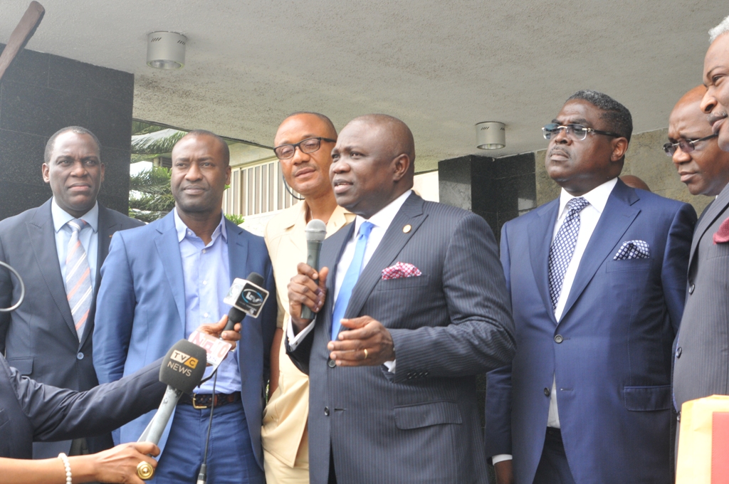 Lagos State Governor, Mr. Akinwunmi Ambode (2nd right) fielding questions from government house correspondents, with Leader of the Team of Investors Mr. Idowu Iluyomade (2nd right), C.E.O, Wichtech, Dr. Chidozie Nwankwo (middle),  Managing Director/C.E.O, Design Extra, Yemi Idowu (left) and Chairman, Amazon Energy, Trevor Akindele (left) during the Governor’s meeting with group of Local, International investors and Banks at Lagos House, Ikeja, on Wednesday, July 08, 2015.