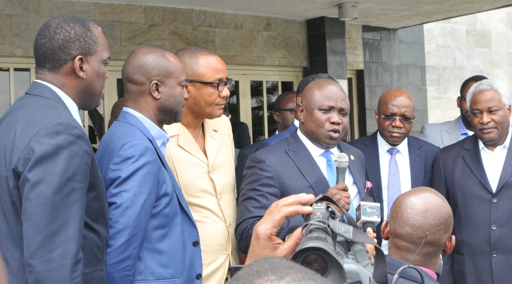 Lagos State Governor, Mr. Akinwunmi Ambode (3rd right) briefing government house correspondents shortly after his meeting with group of Local, International investors and Banks at Lagos House, Ikeja, on Wednesday, July 08, 2015. With him are Chairman, Amazon Energy, Trevor Akindele (left), C.E.O, Wichtech, Dr. Chidozie Nwankwo (3rd left), Director, Julius Berger, Mr. Idowu Summonu (2nd right) and others.