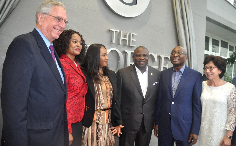 Lagos State Governor, Mr. Akinwunmi Ambode (3rd right) with the Chairman, The George Hotel, Mr. Tien George (2nd left), his wife, Dorcas (3rd left), Managing Partner, Mrs. Chizor Malize (2nd left), Chairman, Mantis Hotels, ECO Escapes & Lifestyles Resorts, Mr. Adrian Gardiner (left) and the interior Designer of The George, Maurette Van Eyssen (right) during the commissioning of The George Hotel, Ikoyi on Friday, July 10, 2015.