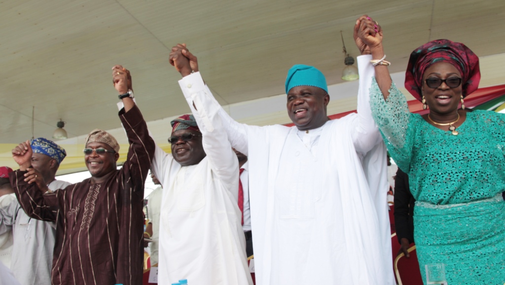 Lagos State Governor, Mr. Akinwunmi Ambode (2nd right) with his wife, Bolanle (right), Chief of Staff, Mr. Olukunle Ojo (middle) and others during 2015/1436AH Eid-el-Fitri celebration organized by the Ministry of Home Affairs at the Lagos House, Ikeja, on Friday, July 17, 2015.