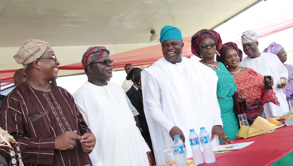 Lagos State Governor, Mr. Akinwunmi Ambode (middle), his wife, Bolanle (2nd right), Chief of Staff, Mr. Olukunle Ojo (2nd left), Head of Service, Mrs. Folasade Jaji (right), her husband, Mr. Abiodun Jaji (left) and others during 2015/1436AH Eid-el-Fitri celebration organized by the Ministry of Home Affairs at the Lagos House, Ikeja, on Friday, July 17, 2015.