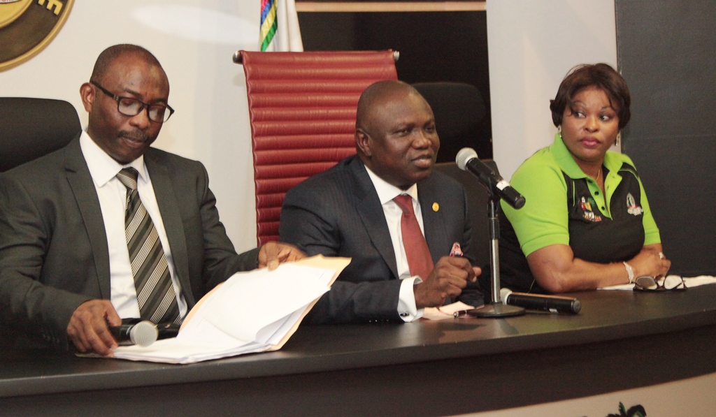 Lagos State Governor, Mr. Akinwunmi Ambode (middle), the Permanent Secretary, Ministry of Justice, Mr. Lawal Pedro, SAN (left) and the Director, Office of the Public Defender, Mrs. Omotola Rotimi (right) during his meeting with Lagos State Domestic and Sexual Violence Response Team at Lagos House, Ikeja, on Tuesday, July 21, 2015.