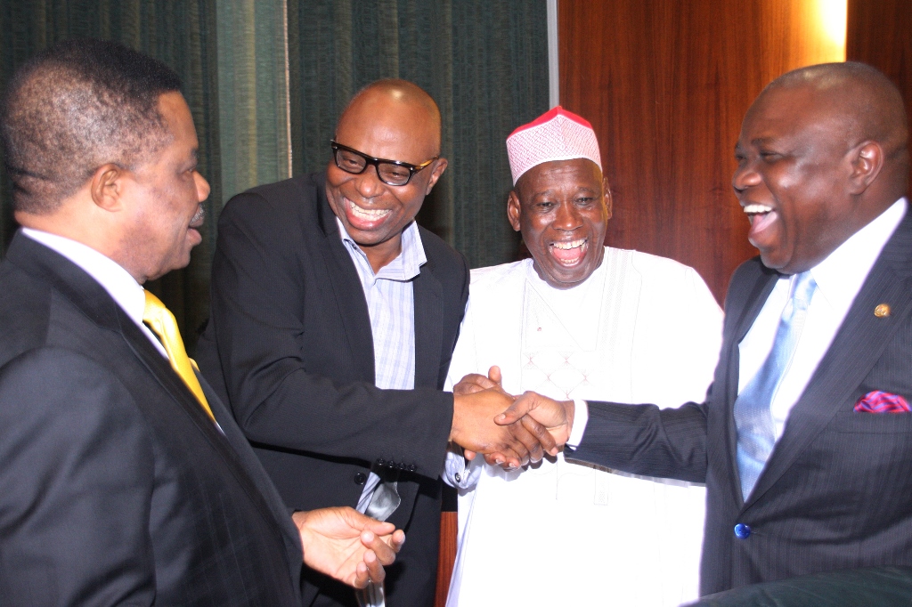 Lagos State Governor, Mr. Akinwunmi Ambode (right) exchanging pleasantries with Governor of Ondo State, Mr. Olusegun Mimiko (2nd left), Governor of Kano State, Alhaji Abdullahi Ganduje (2nd right) and Governor of Anambra State, Chief Willie Obiano (left) during the National Economic Council meeting at the State House, Abuja, on Thursday, July 23, 2015.