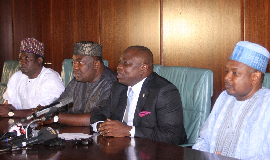 Lagos State Governor, Mr. Akinwunmi Ambode (2nd right) with Plateau State Governor, Solomon Lalong (left), Enugu State, Ifeanyi Ugunwanyi (2nd left) and Kebbi State Governor, Bagudu Abubakar (right) briefing State House Correspondents after the National Economic Council meeting in Abuja, on Thursday, July 23, 2015.