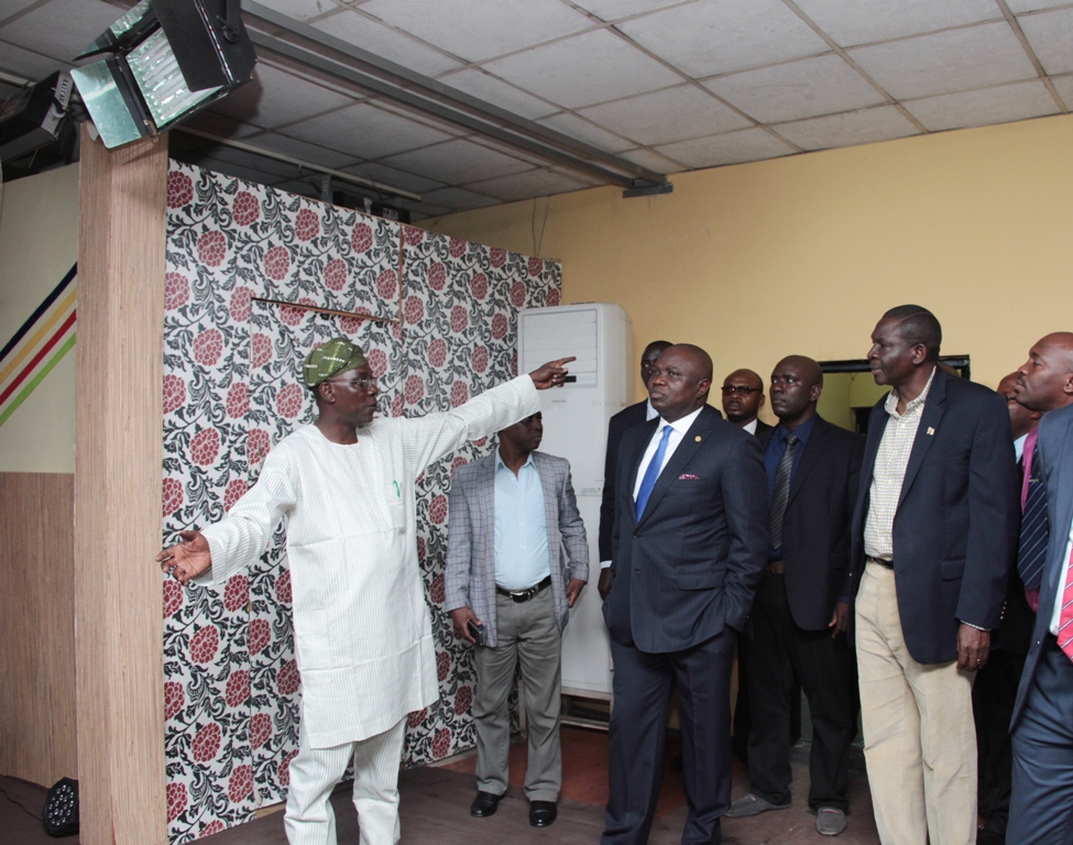 Lagos State Governor, Mr. Akinwunmi  Ambode (2nd right), being conducted round one of the studios at Lagos Television (LTV) by the Director of Programmes, Mr. Deji Balogun (left) during his inspection of LTV at Agidingbi, Ikeja, on Wednesday, July 08, 2015. With them is the Permanent Secretary, Ministry of Works & Infrastructure, Mr. Paul Bamgbose-Martins (right) and Director of Finance, LTV, Mr. Lawrence Ojo (2nd left).