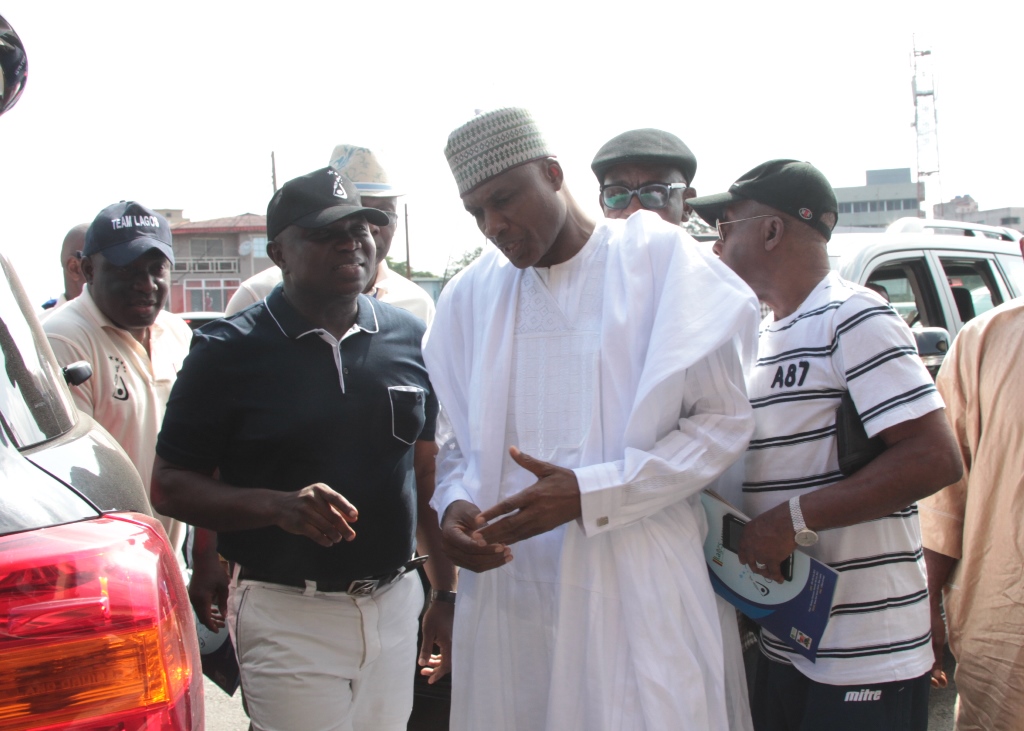 Lagos State Governor, Mr. Akinwunmi Ambode (left) with the Director General, National Sports Commission, Alhaji Alhassan Yakmut (right) during the Finals of the 2nd Lagos International Badminton Classics organized by Lagos State Badminton Association at Rowe Park, Yaba, Lagos, on Saturday, July 18, 2015.
