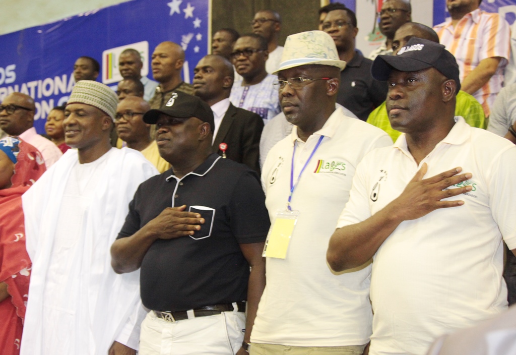 Lagos State Governor, Mr. Akinwunmi Ambode (2nd left), the Director General, National Sports Commission, Alhaji Alhassan Yakmut (left), Vice President, Badminton Federation of Nigeria & Chairman, Lagos State Badminton Association, Barrister Francis Orbih (2nd right) and the Permanent Secretary, Lagos State Ministry of Sports, Mr. Oluseyi Whenu (right) during the Finals of the 2nd Lagos International Badminton Classics organized by Lagos State Badminton Association at Rowe Park, Yaba, Lagos, on Saturday, July 18, 2015.