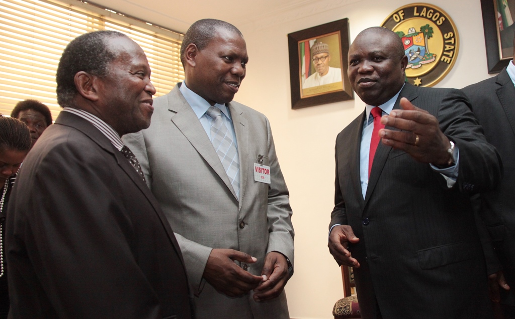 Lagos State Governor, Mr. Akinwunmi Ambode (right) discussing with the Treasurer General, South Africa’s African National Congress (ANC),  Dr. Zwelini Mkhize (middle) and Consulate General of South Africa in Lagos, Amb. Mokgethi Sam Monaisa (left) during a courtesy visit to the Governor at the Lagos House, Ikeja, on Friday, July 24, 2015.
