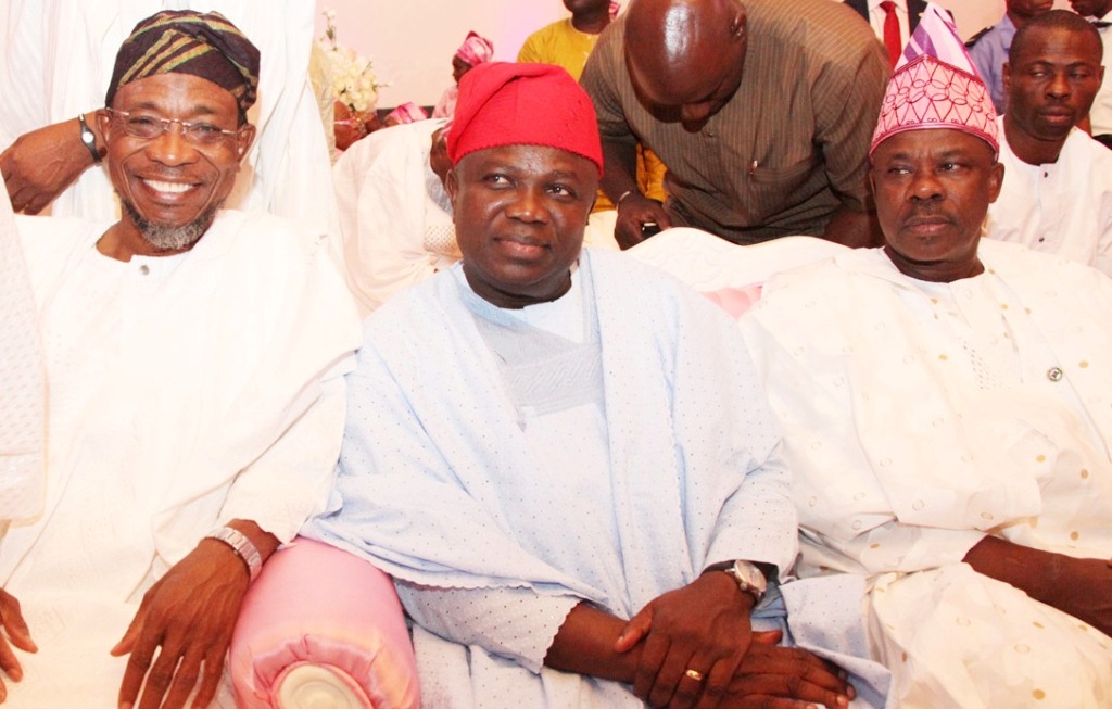 Lagos State Governor, Mr. Akinwunmi Ambode (middle) with Ogun and Osun States Governors, Sen. Ibikunle Amosun (right) and Ogbeni Rauf Aregbesola (left) during the wedding ceremony of Oyo State Governor’s Daughter at Ibadan on Friday, August 21, 2015.
