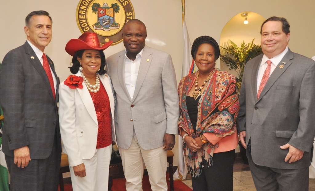Lagos State Governor, Mr. Akinwunmi Ambode (middle), Head of Delegation & member of U.S Congress, Mr. Darrelle Issa (left), members of U.S Congress, Carolyn Manoney (2nd left), Sheila Jackson Lee (2nd right) and Blake Farenthold (right) during their visit to the Governor, at the Lagos House, Marina, on Sunday, August 02, 2015.