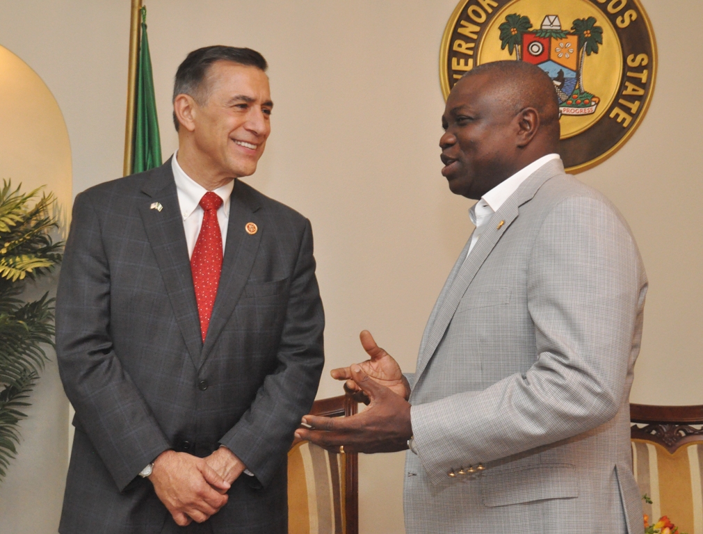 Lagos State Governor, Mr. Akinwunmi Ambode (right) discussing with the Head of Delegation & U.S Congress, Mr. Darrelle Issa (left) during the Delegation of U.S Congress visit to the Governor, at the Lagos House, Marina, on Sunday, August 02, 2015.