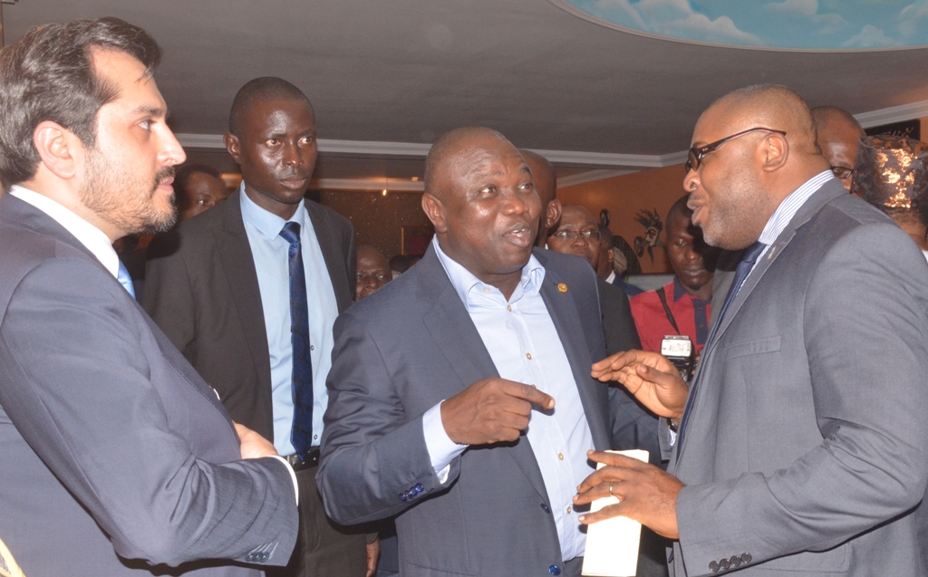 Lagos State Governor, Mr. Akinwunmi Ambode (middle) discussing with the Corporate Affairs Adviser, Nigerian Breweries PLC., Mr. Kufre Ekanem (right) and the Deputy Managing Director, Dana Group of Companies, Mr. Gautam Hathiramani (left) during a ‘Dinner with His Excellency’ organized by the Lagos State Security Trust Fund (LSSTF) at Ademola Adetokunbo Street, Victoria Island, on Thursday, August 06, 2015. 