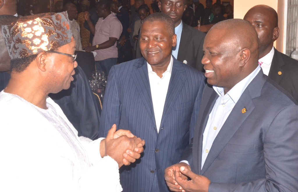 Lagos State Governor, Mr. Akinwunmi Ambode (right) discussing with former Minister of Health & Chairman, Juli PLC., Prince Julius Adelusi-Adeluyi  (left) and President/C.E.O, Dangote Group of Companies, Alhaji Aliko Dangote (middle) during a ‘Dinner with His Excellency’ organized by the Lagos State Security Trust Fund (LSSTF) at Ademola Adetokunbo Street, Victoria Island, on Thursday, August 06, 2015. 