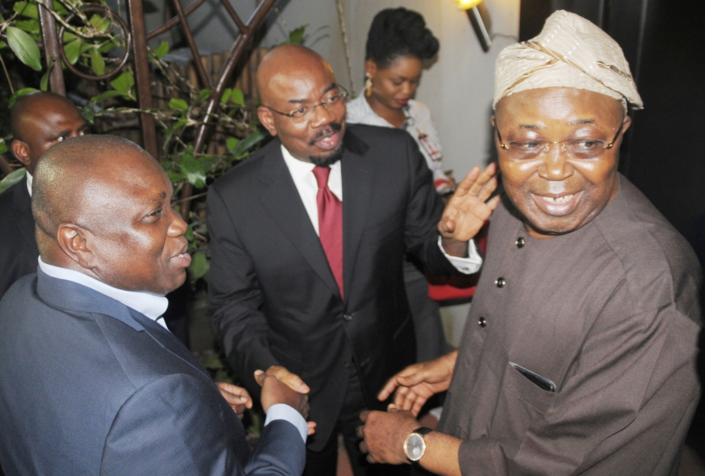 Lagos State Governor, Mr. Akinwunmi Ambode (left) exchanging pleasantries with the Chairman, Lagos State Security Trust Fund, Mr. Remi Makanjuola (right) and Founder & Chairman, Zenith Bank Group, Mr. Jim Ovia (middle) during a ‘Dinner with His Excellency’ organized by the Lagos State Security Trust Fund (LSSTF) at Ademola Adetokunbo Street, Victoria Island, on Thursday, August 06, 2015.