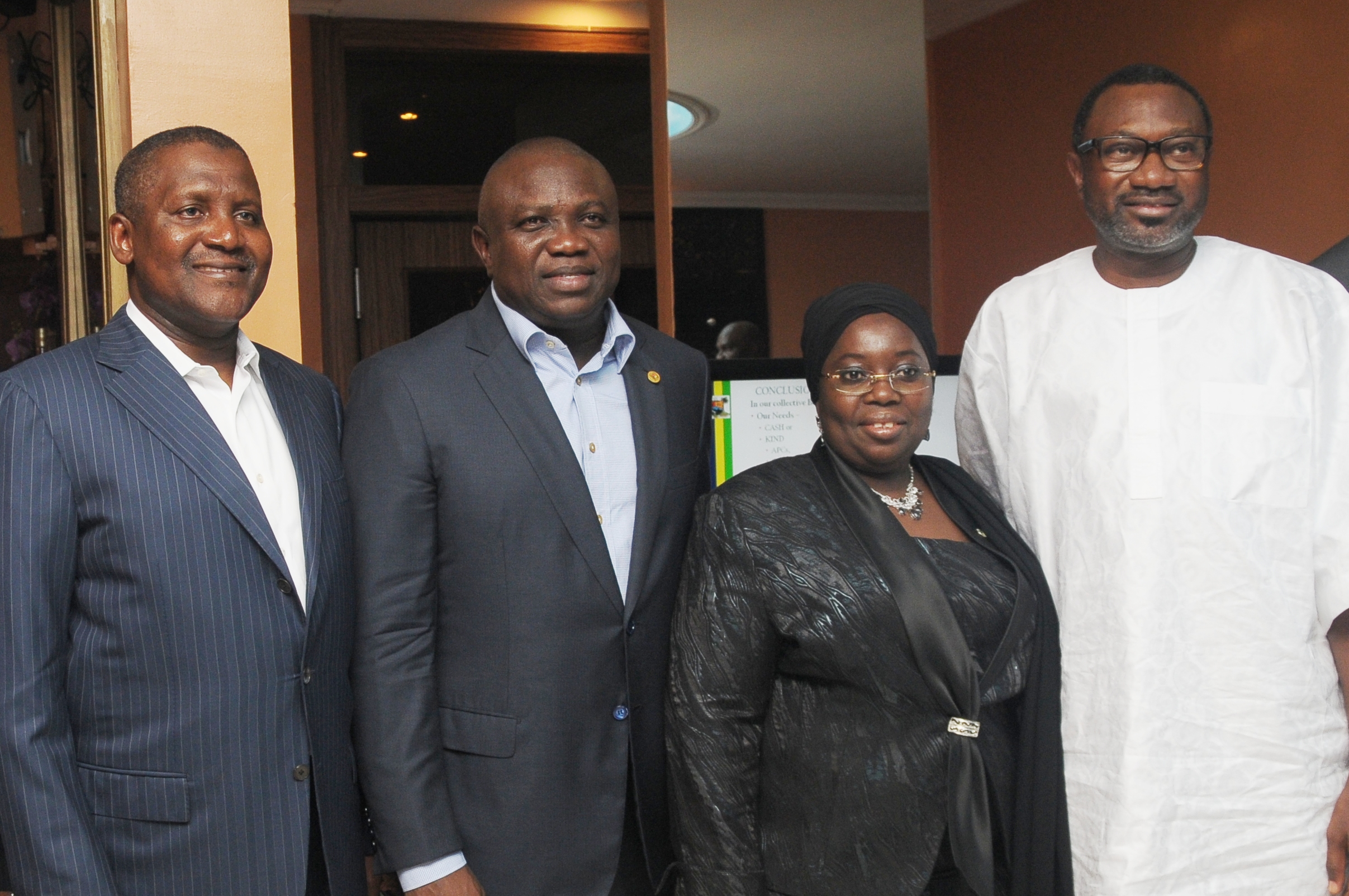 Lagos State Governor, Mr. Akinwunmi Ambode (2nd left), his Deputy, Dr. (Mrs.) Oluranti Adebule (2nd right), President/C.E.O, Dangote Group of Companies, Alhaji Aliko Dangote (left) and Chairman, Forte Oil, Mr. Femi Otedola (right) during a ‘Dinner with His Excellency’ organized by the Lagos State Security Trust Fund (LSSTF) at Ademola Adetokunbo Street, Victoria Island, on Thursday, August 06, 2015.