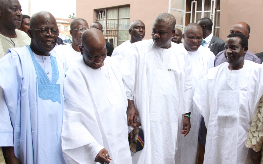 Lagos State Governor, Mr. Akinwunmi Ambode (2nd left) in a warm handshake with his Plateau State counterpart, Barrister Simon Lalong (right), while Ogun State Governor, Senator Ibikunle Amosun (left) and former River State Governor, Mr. Rotimi Ameachi (2nd right) watch with admiration during the funeral ceremony of Deaconess Elizabeth Adesola Mamora at the First Ba[tist Church, Isensi, Ijebu-Ife, Ogun State on Saturday, August 08, 2015.