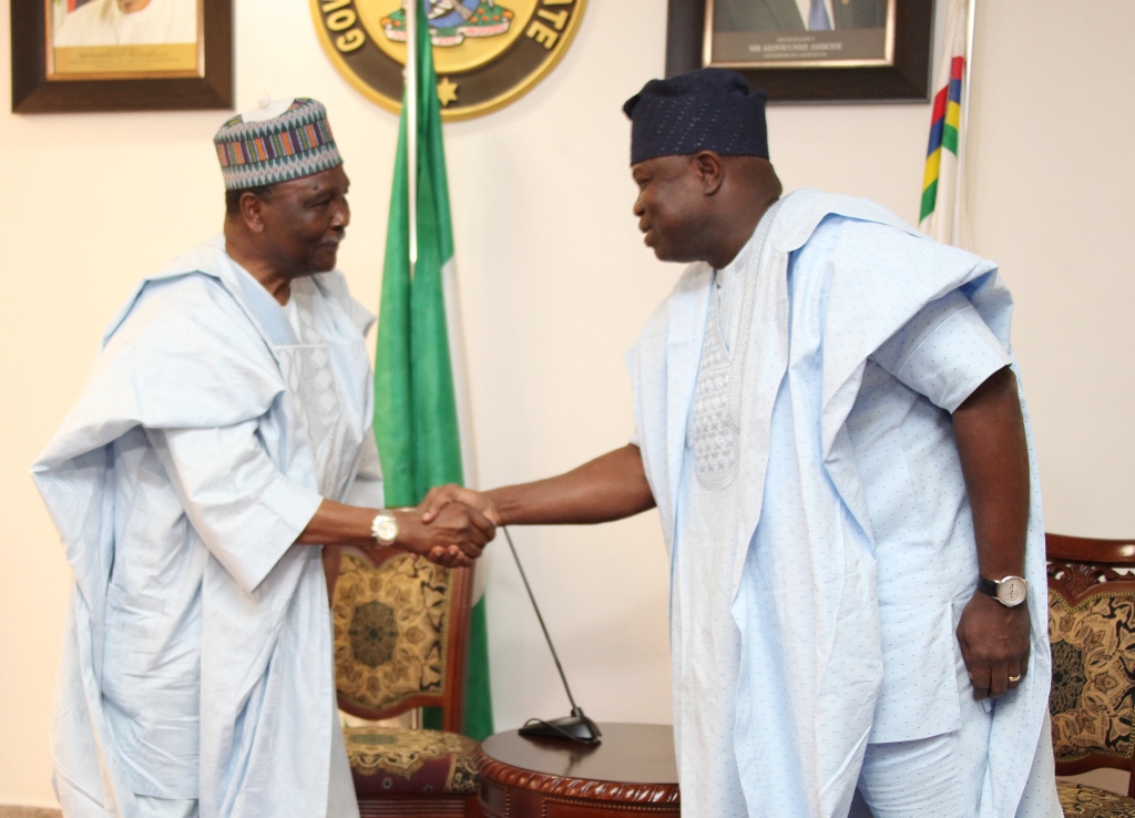 Lagos State Governor, Mr. Akinwunmi Ambode (right) welcoming the former military Head of State, Gen. Yakubu Gowon, rtd. (left) during a courtesy visit to the Governor by the former military Head of State and Coordinators of Nigeria Prays at the Lagos House, Ikeja, on Friday, August 14, 2015.