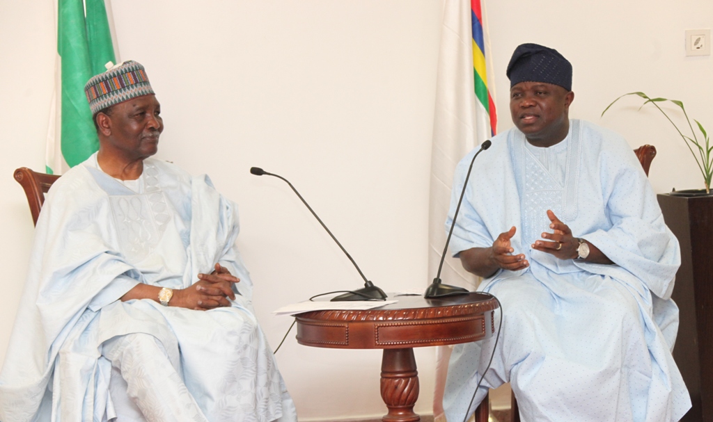 Lagos State Governor, Mr. Akinwunmi Ambode (right) with the former military Head of State, Gen. Yakubu Gowon, rtd. (left) during a courtesy visit to the Governor by the former military Head of State and Coordinators of Nigeria Prays at the Lagos House, Ikeja, on Friday, August 14, 2015.