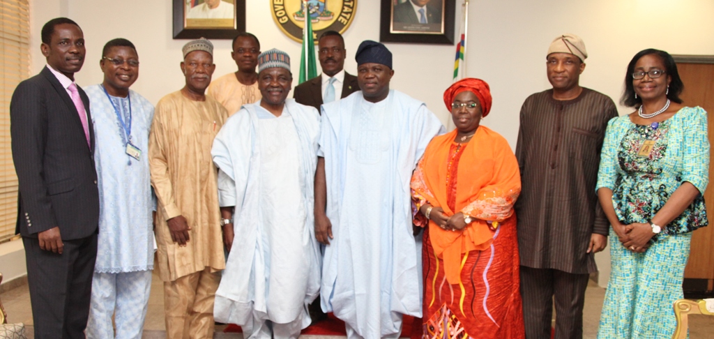 Lagos State Governor, Mr. Akinwunmi Ambode (4th right), his Deputy, Dr. (Mrs.) Oluranti Adebule (3rd right), the former military Head of State, Gen. Yakubu Gowon, rtd. (4th left), Captain Thahal (3rd left), South West Zonal Coordinator, Nigeria Prays, Evang. Jones Adenmolu (2nd left), Lagos State Coordinator, Nigeria Prays, Rev. Toyin kehinde (left), Coordinator, Contact Committees,  Nigeria Prays, Bishop  Theoplilus Taiwo Ajose (2nd left, behind), Ekiti State Coordinator, Nigeria Prays, Evang, Enoch Ajibade (left, behind), Secretary to the State Government, Mr. Tunji Bello (2nd right), Permanent Secretary, Ministry of Home Affairs, Mrs. Grace Oladimeji (right) during a courtesy visit to the Governor by the former military Head of State and Coordinators of Nigeria Prays at the Lagos House, Ikeja, on Friday, August 14, 2015.
