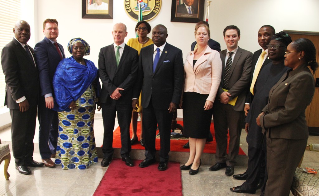 Lagos State Governor, Mr. Akinwunmi Ambode (5th left), his Deputy, Dr. (Mrs.) Oluranti Adebule (3rd left) in a group photograph with the Irish Ambassador to Nigeria, Mr. Sean Hoy (4th left), his entourage and other top state government officials during the Irish Ambassador’s courtesy visit to the Governor, at the Lagos House, Ikeja, on Wednesday, August 26, 2015.