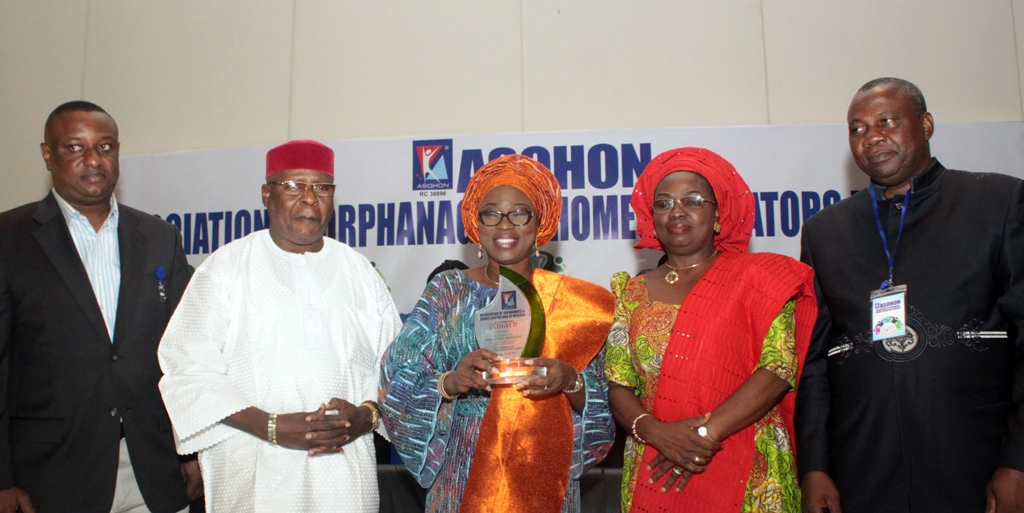 Wife of Lagos State Governor, Mrs. Bolanle Ambode (middle), with the National President, Association of Orphanages and Homes Operators in Nigeria, Rev. (Mrs.) Dele George (2nd right), her husband, Captain Jide George (2nd left), Barrister Festus Keyamo (left) and the National Secretary, ASOHON, Rev. (Dr.) Gabriel Oyediji (right) during ASOHON’s maiden National Conference at the Eko Hotel & Suites, Victoria Island, Lagos, on Saturday, August 22, 2015
