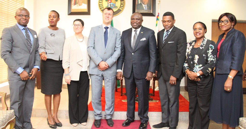 Lagos State Governor, Mr. Akinwunmi Ambode (4th right) in a group photograph with the Head, Department For International Development (DFID) Nigeria, Mr. Ben Mellor (4th left), South West Regional Coordinator, DFID, Head of Lagos Office, Mr. Sina Fagbenro-Byron (3rd right), Head of Service, Mrs. Folashade Jaji (2nd right), Permanent Secretary, Office of Overseas Affairs & Investment (Lagos Global), Mrs. Arinola Olufunmilayo Odulana (right), State Programme Manager, DFID-SPARC, Mr. Ifeanyi Peters Ugwuoke (left), DFID Regional Programme Officer, Margaret Fagboyo (2nd left) and Private Sector Adviser, DFID Lagos, Alessandra Lusrati (3rd left) during a courtesy visit to the Governor by DFID, at the Lagos House, Ikeja, on Tuesday, August 18, 2015.