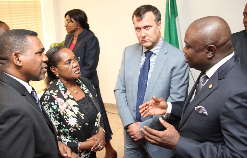 Lagos State Governor, Mr. Akinwunmi Ambode (right) discussing with the Head, Department For International Development (DFID) Nigeria, Mr. Ben Mellor (2nd right), Head of Service, Mrs. Folashade Jaji (2nd left) and South West Regional Coordinator, DFID, Head of Lagos Office, Mr. Sina Fagbenro-Byron (left) during a courtesy visit to the Governor by DFID, at the Lagos House, Ikeja, on Tuesday, August 18, 2015.