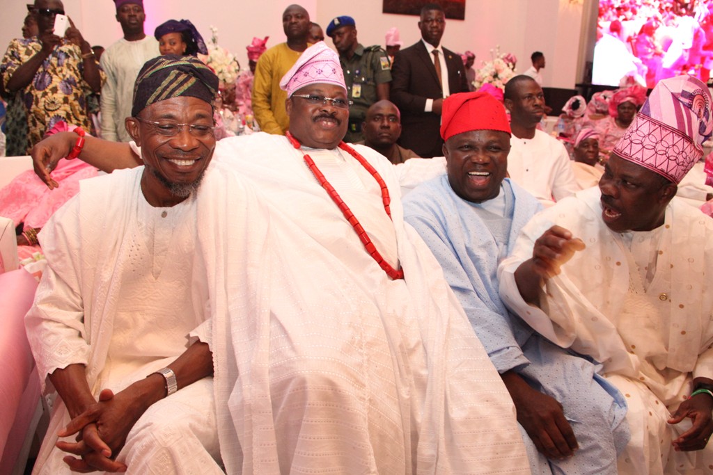 Lagos State Governor, Mr. Akinwunmi Ambode (2nd right) with Father of the Bride and Governor of Oyo State, Sen. Abiola Ajimobi (2nd left), Osun  and Ogun States Governors, Ogbeni Rauf Aregbesola (left) and Sen. Ibikunle Amosun (right) during the wedding ceremony of Oyo State Governor’s Daughter at Ibadan on Friday, August 21, 2015.