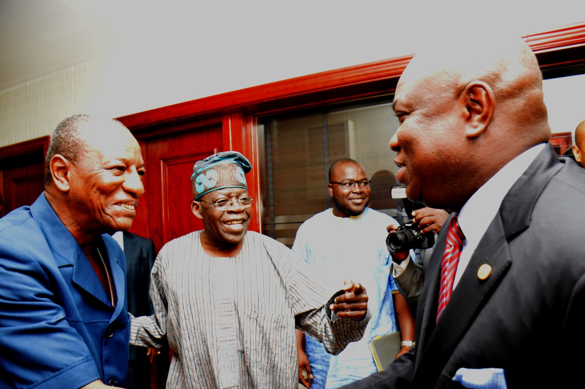 President of Guinea, Prof. Alpha Conde, National Leader Of APC, Asiwaju Bola Ahmed Tinubu, and Governor of Lagos State, Mr. Akinwunmi Ambode, during the business delegation visit to the President of Guinea at the Presidential villa, Conakry, Guinea.