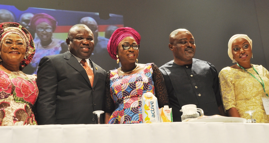 L-R: Osun State Deputy Governor, Mrs. Titi-Laoye Tomori, Lagos State Governor, Mr. Akinwunmi Ambode, his wife, Mrs. Bolanle Ambode, the Speaker, Lagos State House of Assembly Speaker, Rt. Hon. Mudashiru Obasa and his wife, Mrs. Falilat Olusola Obasa during the closing ceremony of the National Women Conference 2015 with the theme: Relevance in Economic Turbulence, organized by COWLSO, at the Convention Centre, Eko Hotels & Suite on Friday, September 18, 2015.