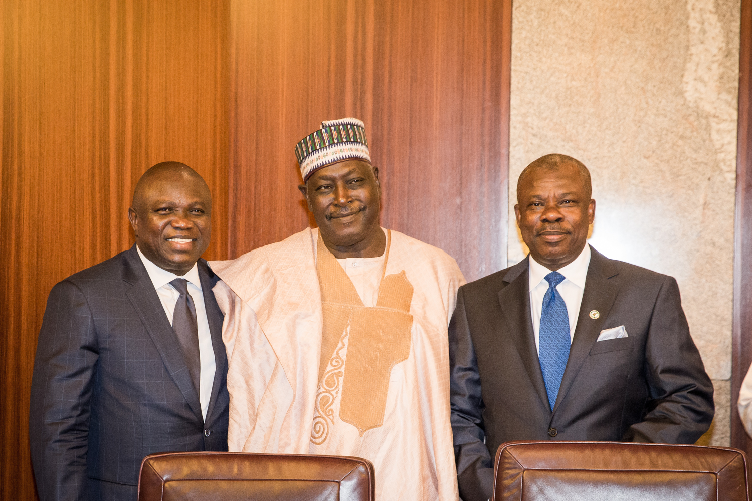 Lagos State Governor, Mr. Akinwunmi Ambode (left), the newly sworn-in Secretary to the Government of the Federation, Babachir David Lawal (middle) and Ogun State Governor, Senator Ibikunle Amosun (right) during the ICAN courtesy visit to the President at the Aso Villa, Abuja on Tuesday, September 01, 2015.