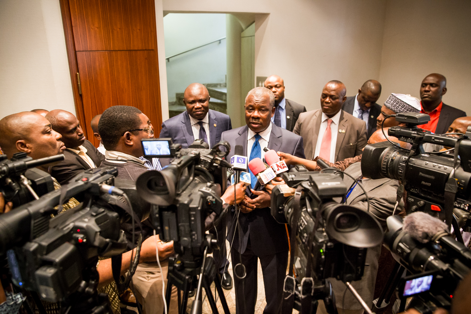 Lagos State Governor, Mr. Akinwunmi Ambode (left) watches as his Ogun State counterpart, Senator Ibikunle Amosun (middle) press the state House correspondents shortly after the courtesy visit to the President by ICAN council members at the Aso Villa, Abuja on Tuesday, September 01, 2015.