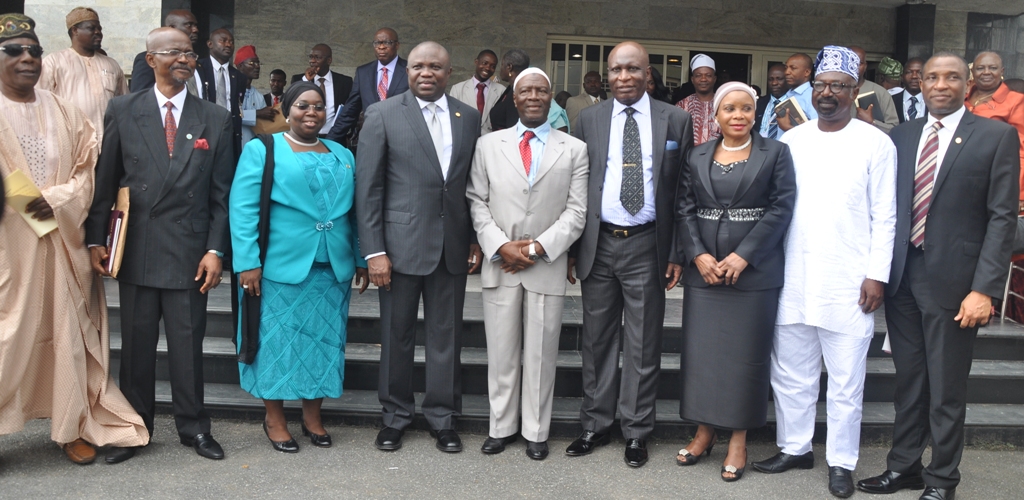 L-R: Lagos State Governor, Mr. Akinwunmi Ambode (4th left) with the Chairman, Governing Board, Adeniran Ogunsanya College of Education, Prof. Tunde Samuel, Chairman, Governing Board, Lagos State University, Prof. Adebayo Ninalowo, Deputy Governor, Dr. (Mrs.) Oluranti Adebule, Chairman, Governing Board, Lagos State Polytechnic, Ikorodu, Prof. Tajudeen Gbadamosi, the Chancellor, Lagos State University, Justice George Oguntade (rtd.), Chairman, Governing Board, Michael Otedola College of Primary Education, Alhaja Sekinat Yusuf, Acting Chairman, Lagos State College of Health, Hon. Tunji Ilelaboye and the Secretary to the State Government, Mr. Tunji Bello during the inauguration of the Governing Council of tertiary institutions in the State at the Lagos House, Ikeja, on Tuesday, September 22, 2015. 