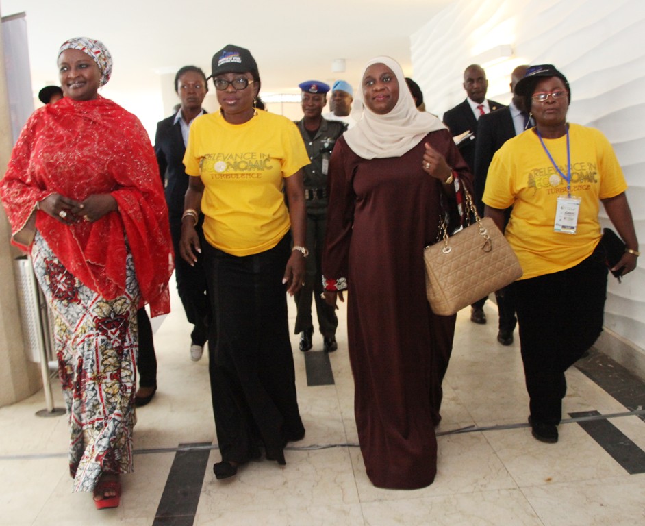Wife of Lagos State Governor & Chairman, Committee of Wives of Lagos State Officials (COWLSO), Mrs. Bolanle Ambode (2nd left), Wives of Kebbi & Niger States Governors; Hajia Zainab Bagudu (left), Hajia Aminat Abubakar Sanni Bello(2nd right), Chairman, Organising Committee, National Women Conference, Mrs. Rhoda Ayinde (right) during the opening ceremony of the annual National Women Conference organized by COWLSO, at the Convention Centre, Eko Hotels & Suite on Wednesday, September 16, 2015.