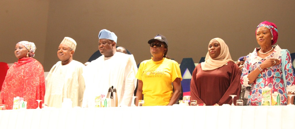 Lagos State Governor, Mr. Akinwunmi Ambode (3rd left), his wife & Chairman, Committee of Wives of Lagos State Officials (COWLSO), Mrs. Bolanle Ambode (3rd right), Kebbi State Governor, Alhaji Atiku Bagudu (2nd left) and his wife, Hajia Zainab (left), Wife of Niger State Governor, Hajia Aminat Abubakar Sanni Bello(2nd right) and Senator Oluremi Tinubu (right) during the opening ceremony of the annual National Women Conference organized by COWLSO, at the Convention Centre, Eko Hotels & Suite on Wednesday, September 16, 2015.