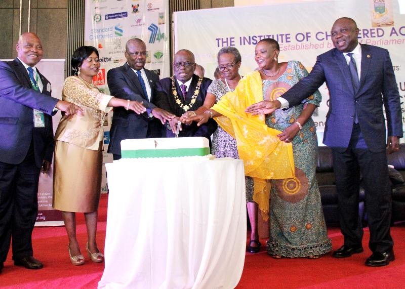 Lagos State Governor, Mr. Akinwunmi Ambode (right), his Ogun State counterpart, Senator Ibikunle Amosun (3rd left), President, Institute of Chartered Accountants of Nigeria, ICAN, Otunba Samuel Olufemi Deru (middle) and others jointly cutting the cake to mark the 45th Annual Accountants’ Conference with the theme: ICAN Building On A Legacy of Service, at the International Conference Centre, Abuja on Tuesday, September 01, 2015.