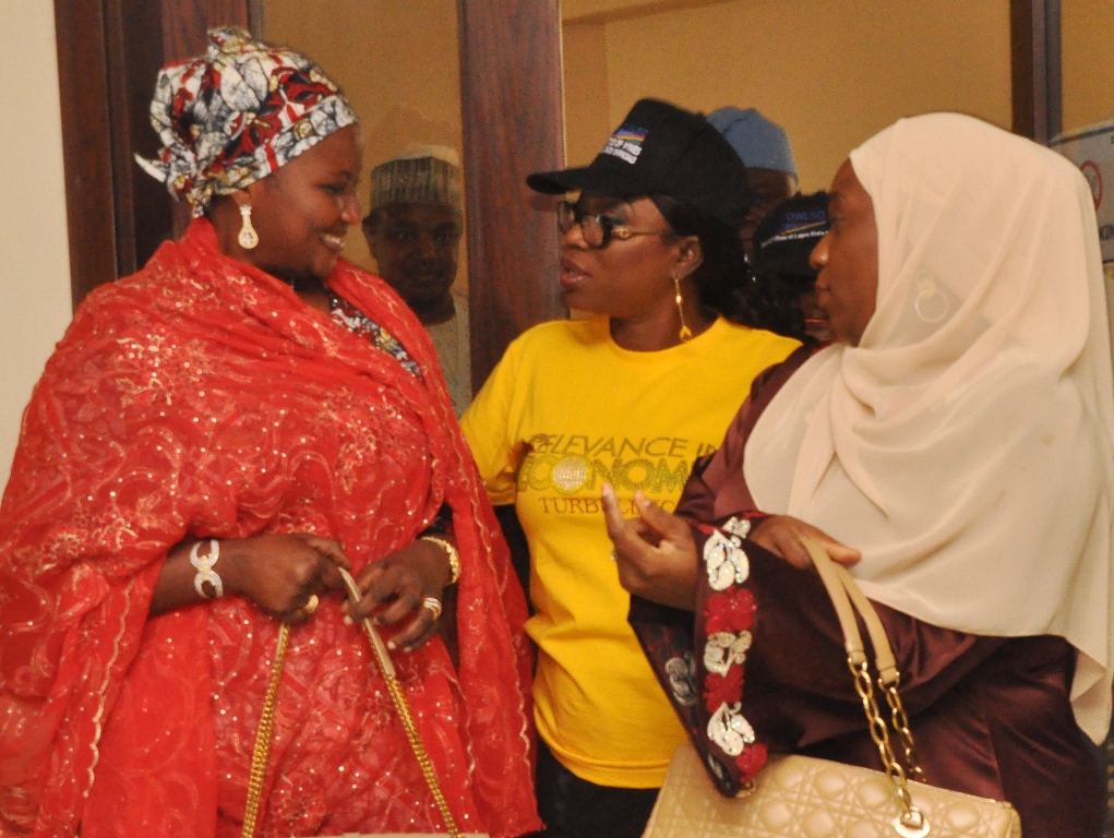 Chairman, Committee of Wives of Lagos State Officials (COWLSO), Mrs. Bolanle Ambode (middle) flanked by Wives of Kebbi & Niger States Governors; Hajia Zainab Bagudu (left) and Hajia Aminat Abubakar Sanni Bello during the opening ceremony of the annual National Women Conference organized by COWLSO, at the Convention Centre, Eko Hotels & Suite on Wednesday, September 16, 2015.
