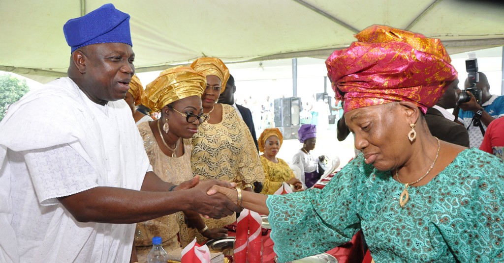 Lagos State Governor, Mr. Akinwunmi Ambode (left) in a warm handshake with wife of first civilian Governor of Lagos State, Alhaja Abimbola during the Eid-el-Kabir Celebration organized by the Ministry of Home Affairs at the Lagos House, Ikeja, on Thursday, September 24, 2015. With them are the First Lady of Lagos State, Mrs. Bolanle Ambode (2nd left) and wife of Chief of Staff to the Governor, Mrs. Aderonke Ojo (3rd left).