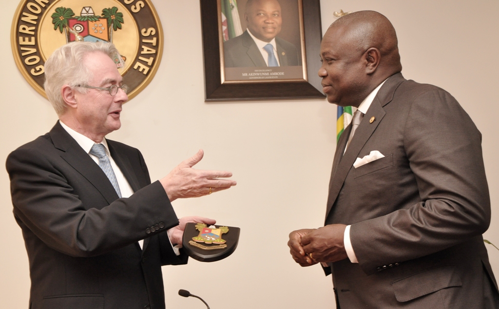 Lagos State Governor, Mr. Akinwunmi Ambode (right) with the Ambassador of the Republic of Germany to Nigeria, Mr. Michael Zenner (left) during his courtesy visit to the Governor, at the Lagos House, Ikeja, on Monday, September 14, 2015.