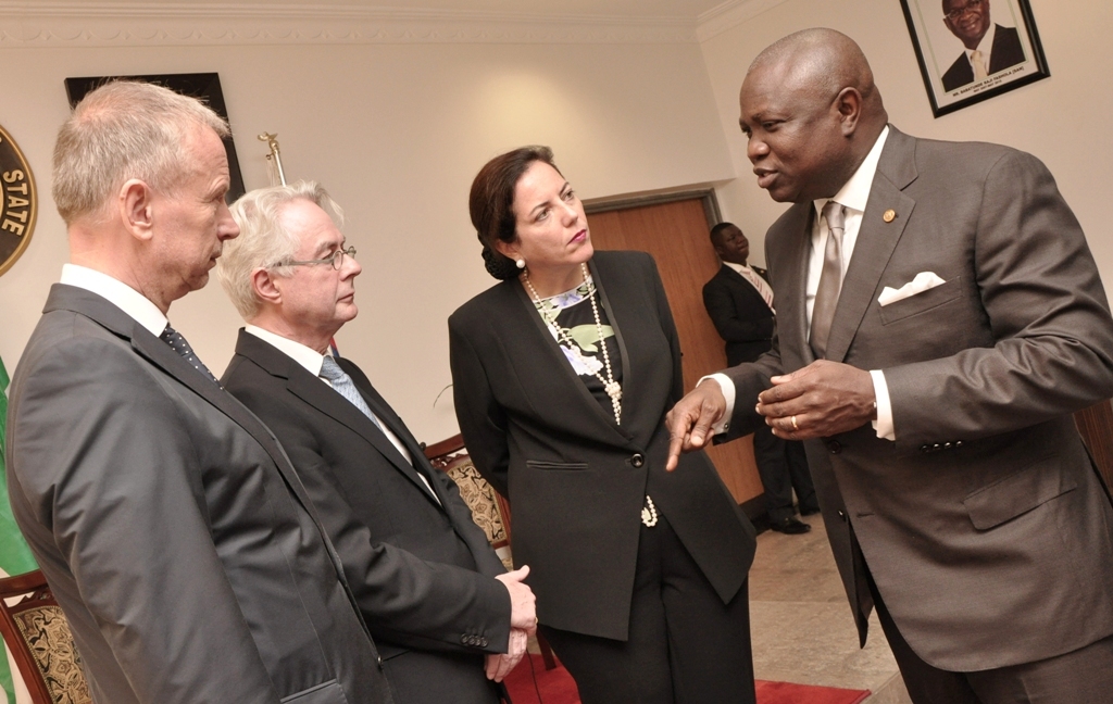 Lagos State Governor, Mr. Akinwunmi Ambode (right) discussing with the Ambassador of the Republic of Germany to Nigeria, Mr. Michael Zenner (2nd left), Consul General of the Federal Republic of Germany, Lagos, Mr. Ingo Herbert (left) and the Group Management Committee, Knauf Region Southern Europe, Middle East, Africa, Mrs. Isabel Knauf (2nd right) during the Ambassador’s courtesy visit to the Governor, at the Lagos House, Ikeja, on Monday, September 14, 2015.