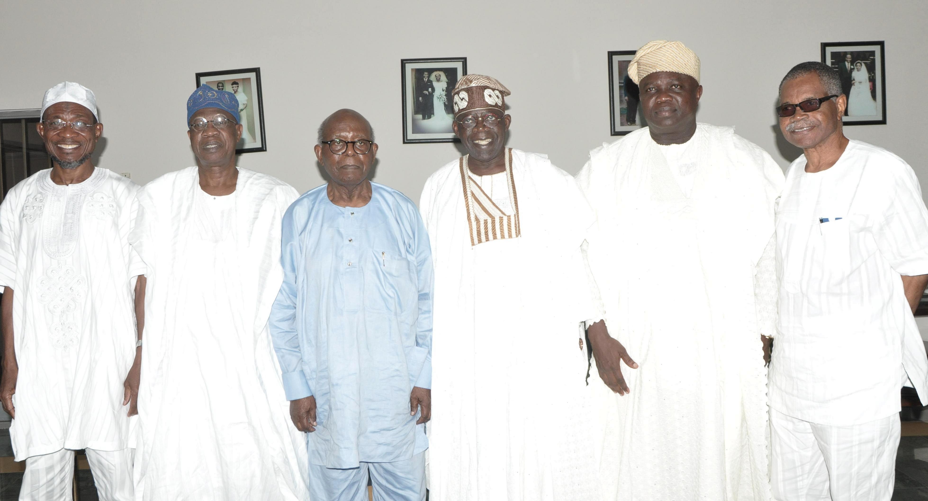 L-R: Lagos State Governor, Mr. Akinwunmi Ambode (2nd right) with his Osun State counterpart, Ogbeni Rauf Aregbesola, National Publicity Secretarty, All Progressives Congress (APC), Alhaji Lai Mohammed, Afenifere Leader, Pa Olaniwun Ajayi, National Leader, APC, Asiwaju Bola Tinubu and Vice Chairman, South West APC, Chief Pius Akinyelure during a courtesy visit to Pa Olaniwun at his Ijebu-Ishara residence in Ogun State, on Sunday, September 20, 2015.