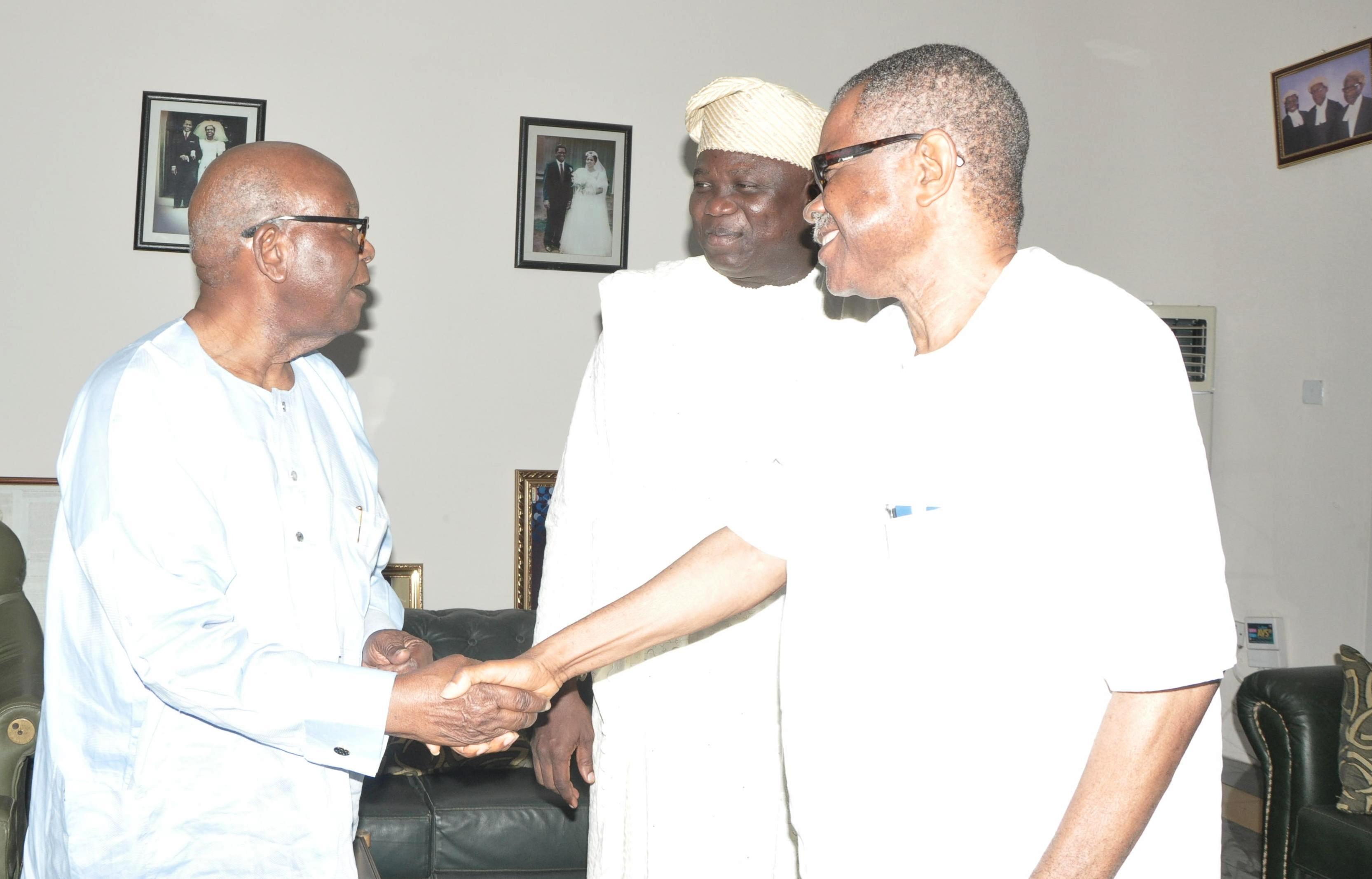 Lagos State Governor, Mr. Akinwunmi Ambode (middle) with Afenifere Leader,  Pa Olaniwun Ajayi (left) and Vice Chairman, South West APC, Chief Pius Akinyele during a courtesy visit to Pa Olaniwun at his Ijebu-Ishara residence in Ogun State, on Sunday, September 20, 2015.