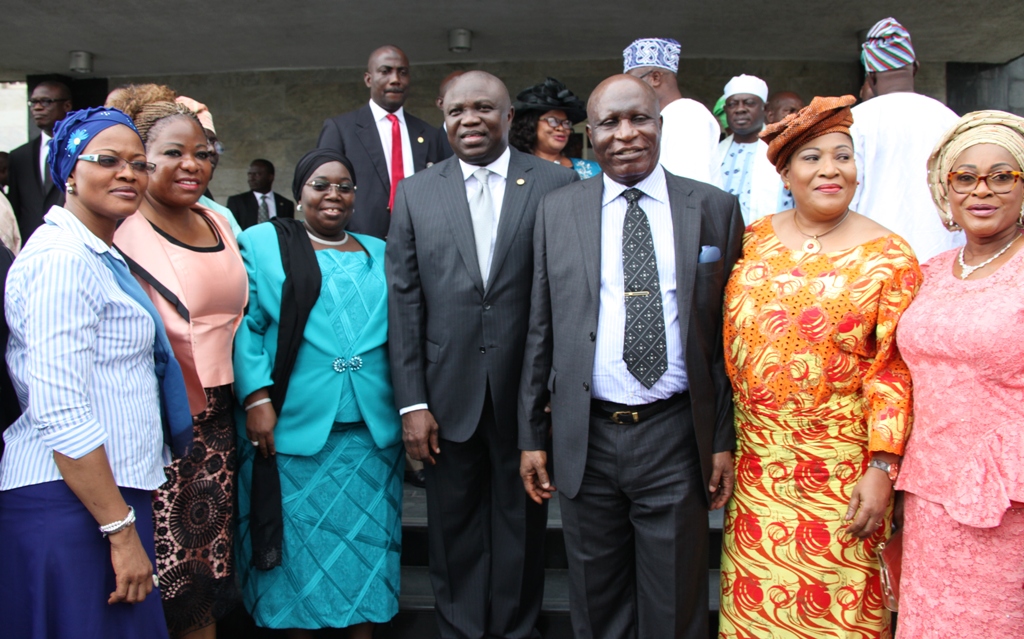 L-R: Lagos State Governor, Mr. Akinwunmi Ambode (middle) with member, Governing Board, Michael Otedola College of Primary Education, Mrs. Adetoun Adediran, Chief (Mrs). Modupe Oguntade, the Deputy Governor, Dr. (Mrs.) Oluranti Adebule (5th left), the Chancellor, Lagos State University, Justice George Oguntade (rtd.), Chief (Mrs.) Kemi Nelson and a member, Governing Board, Michael Otedola College of Primary Education, Mrs. Yinka during the inauguration of the Governing Council of tertiary institutions in the State at the Lagos House, Ikeja, on Tuesday, September 22, 2015.