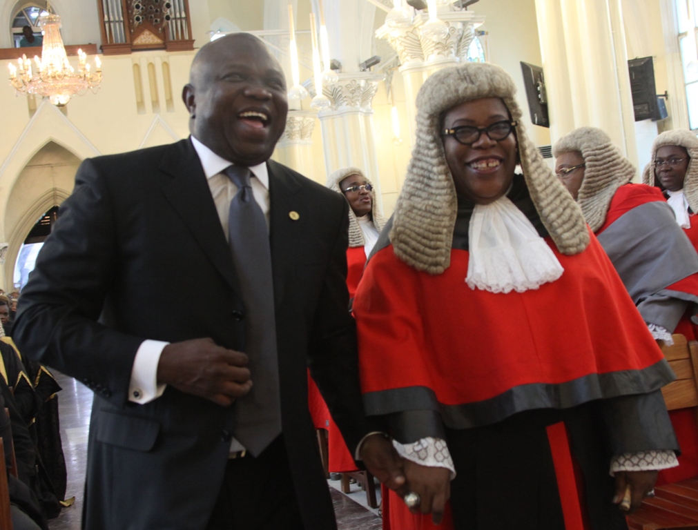 Lagos State Governor, Mr. Akinwunmi Ambode (left) with the State Chief Judge, Justice Olufunmilayo Atilade, during the 2015/2016 Legal Year Service at the Cathedral Church of Christ, Marina, on Monday, September 28, 2015.