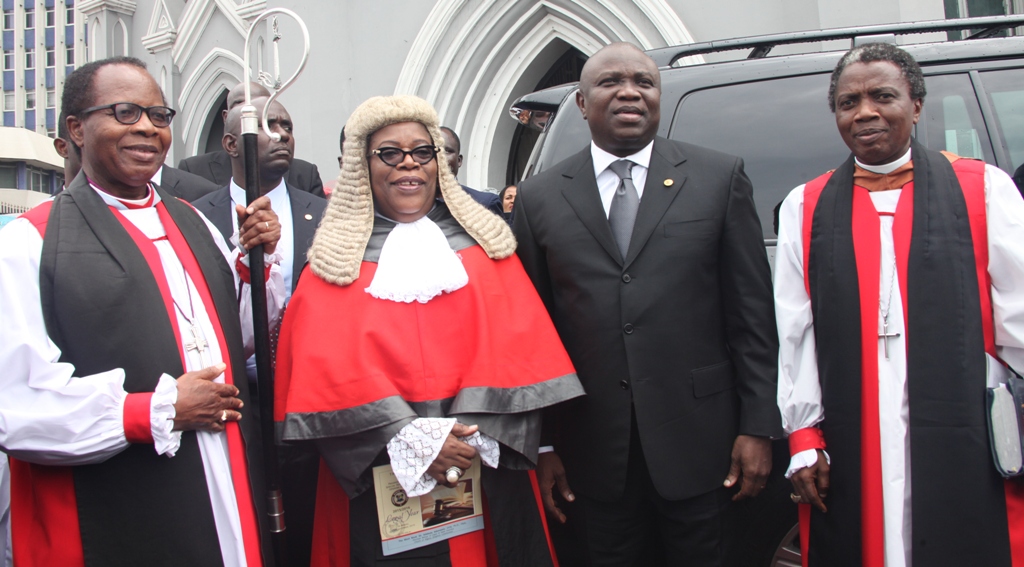 Lagos State Governor, Mr. Akinwunmi Ambode (2nd right), with the State Chief Judge, Justice Olufunmilayo Atilade (2nd left), Diocesan Bishop of Lagos & Dean Emeritus, Church of Nigeria (Anglican Communion), Most Revd. Dr. Adebola Ademowo (left) and Lord Bishop of Badagry, Rt. Rev. Babatunde Adeyemi, during the 2015/2016 Legal Year Service at the Cathedral Church of Christ, Marina, on Monday, September 28, 2015.