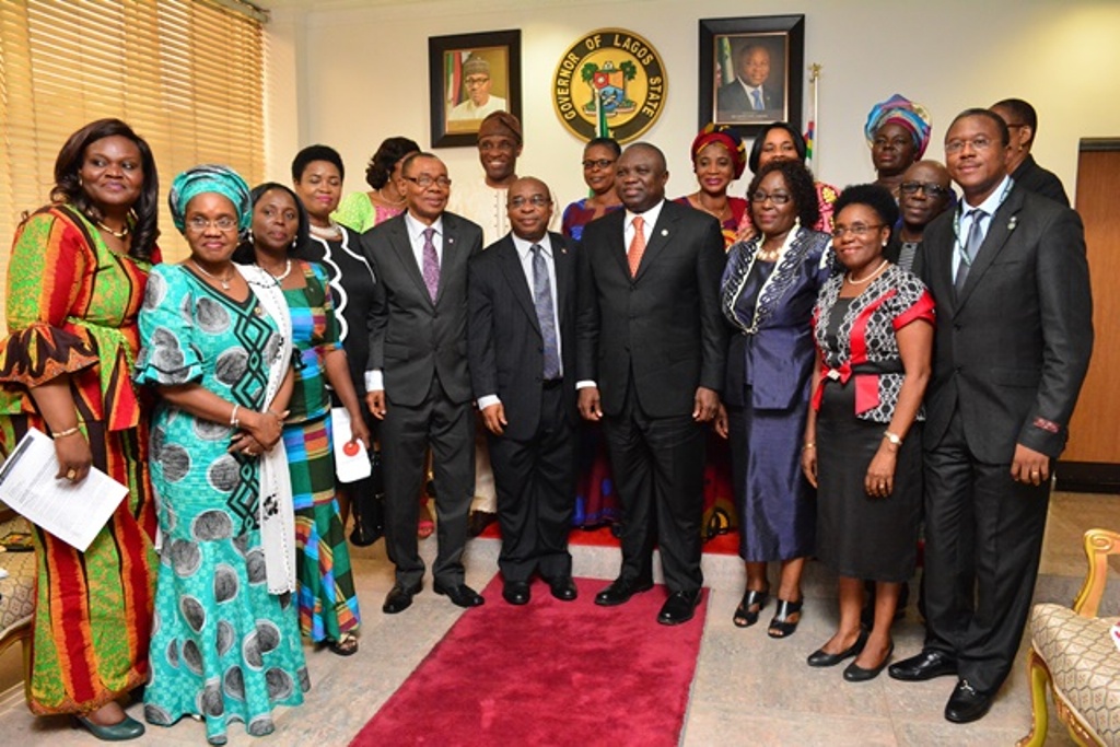 Lagos State Governor, Mr. Akinwunmi Ambode (4th right) in a group photograph with members of Hubert Humphrey Fellowship Alumni Association, Nigeria and other top State Officials during a courtesy visit to the Governor by the Association, at the Lagos House, Ikeja, on Friday, September 18, 2015.