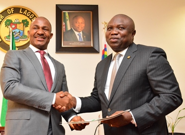 Lagos State Governor, Mr. Akinwunmi Ambode (right) with the Executive Secretary, Nigeria Christian Pilgrims Commission, Mr. John Kennedy Opara during his courtesy visit to the Governor, at the Lagos House, Ikeja, recently. 