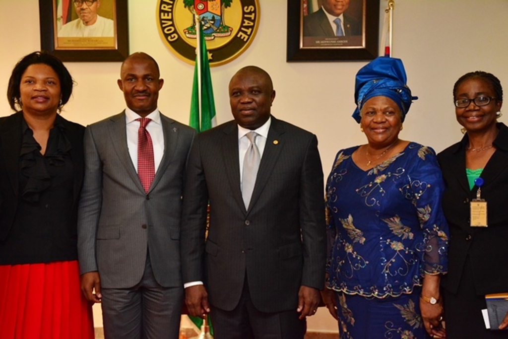 Lagos State Governor, Mr. Akinwunmi Ambode (middle) with the Assistant Director, Office of Executive Secretary, Nigeria Christian Pilgrims Commission, Dr. (Mrs.) Ifeoma Unachukwu, Executive Secretary of the Commission, Mr. John Kennedy Opara, Federal Commissioner representing South West, Deaconess Adefemi Taire and Permanent Secretary, Ministry of Home Affairs, Mrs. Grace Oladimeji, during the Commission’s courtesy visit to the Governor, at the Lagos House, Ikeja, recently.