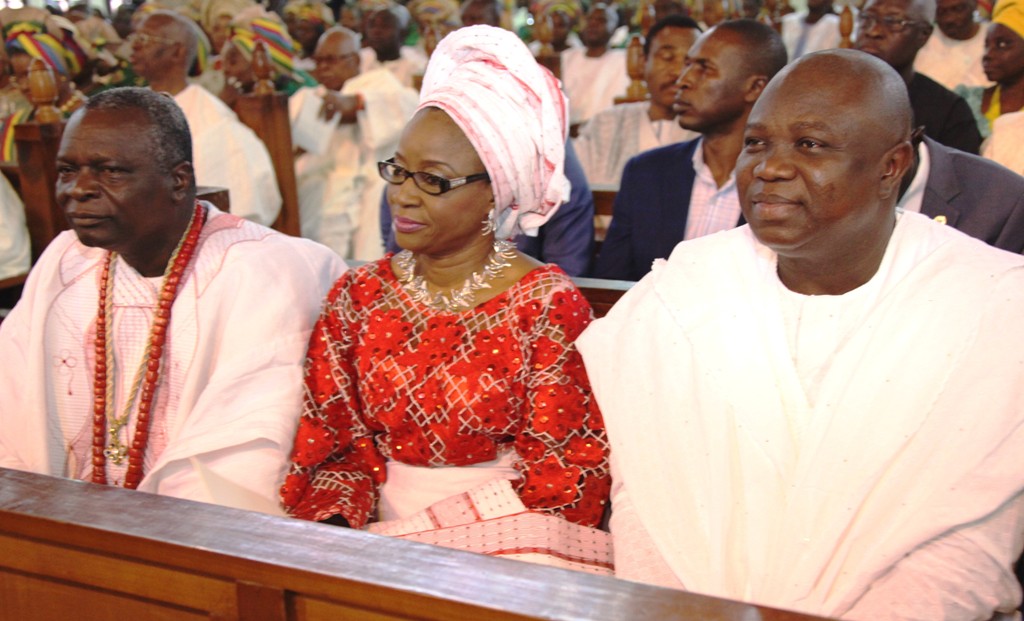 Lagos State Governor, Mr. Akinwunmi Ambode (right) with Father of the Bride & former Governor of Osun State, Prince Olagunsoye Oyinlola (left)and his wife, Princess Omolara (middle) during the wedding ceremony of  Prince Oyinlola’s daughter, at Our Saviours Anglican Church, Tafawa Balewa Square, Lagos Island, on Saturday, September 05, 2015.